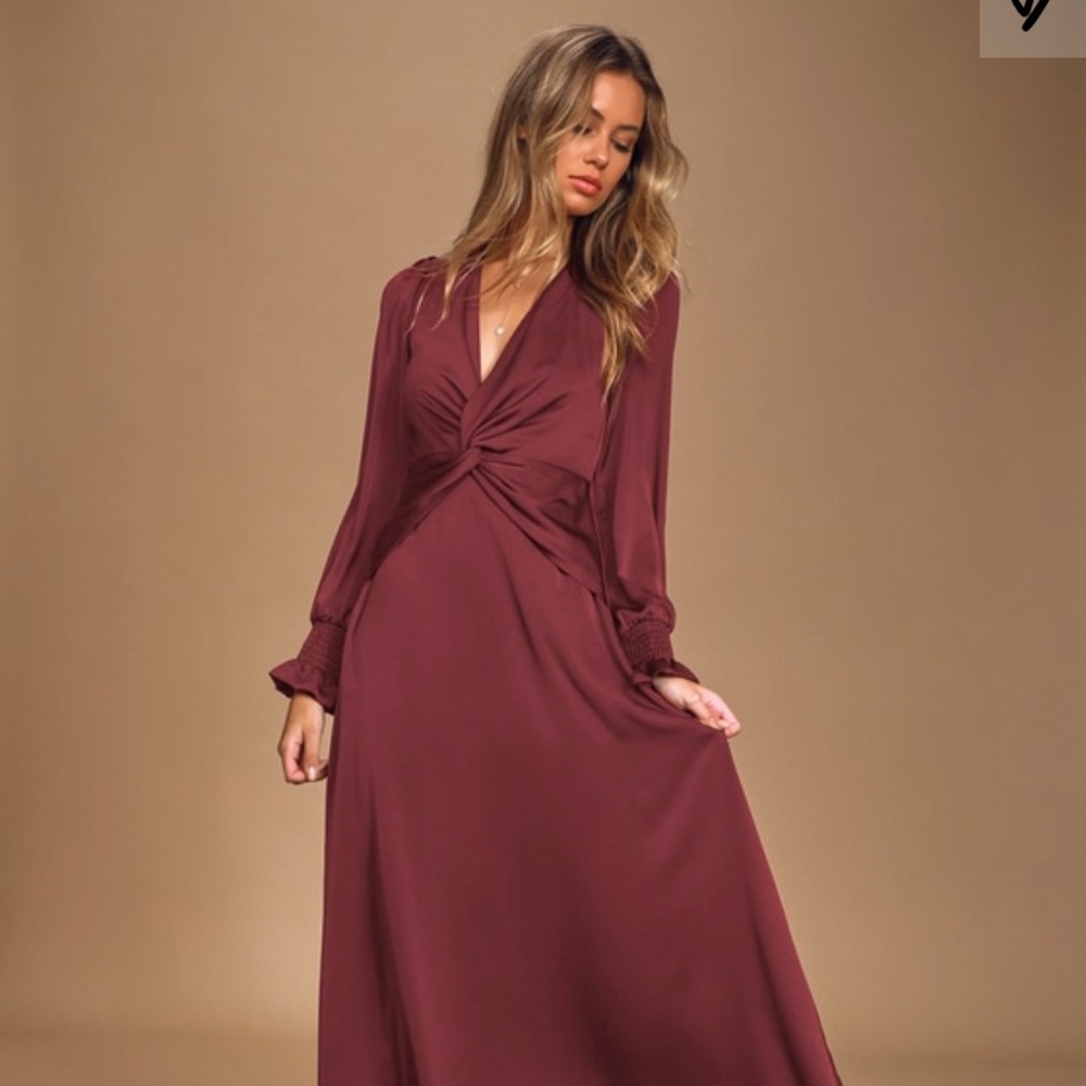 Lulus Burgundy Long Sleeve Twist Front Maxi Dress